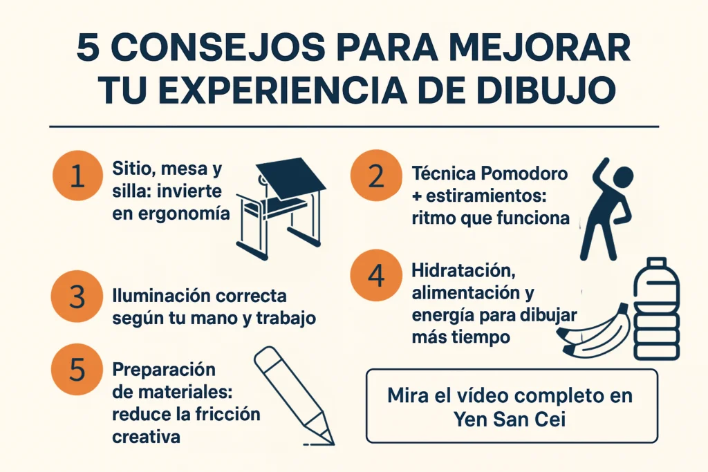 Infografía con los 5 consejos para mejorar la experiencia de dibujo: ergonomía, pausas, iluminación, hidratación y preparación de materiales.