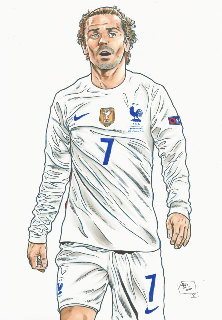 Ilustración de Antoine Griezmann celebrando con la camiseta de Francia durante la Eurocopa 2021, realizada por Yen San.