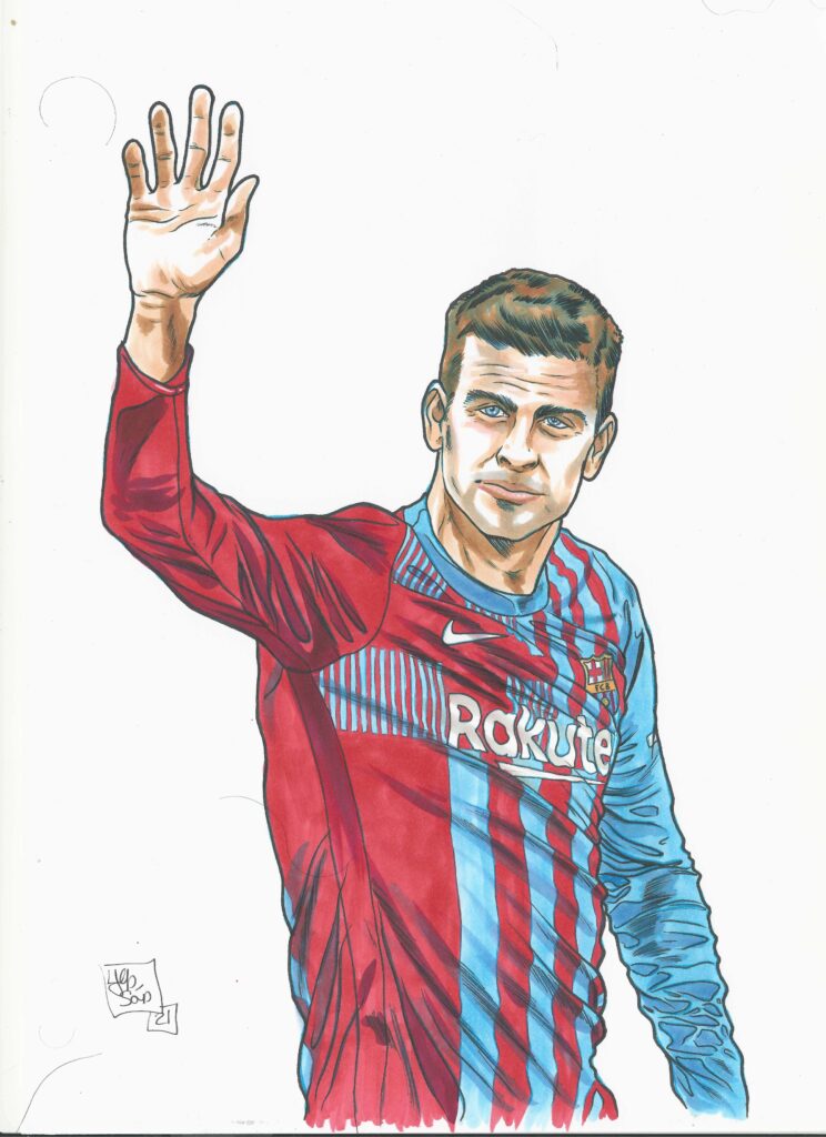 Ilustración de Gerard Piqué saludando durante un partido en 2021, dibujada por Yen San con estilo tradicional.