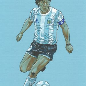 Ilustración de Maradona levantando la Copa del Mundo durante el Mundial de México 1986, realizada por Yen San con tinta y rotuladores.