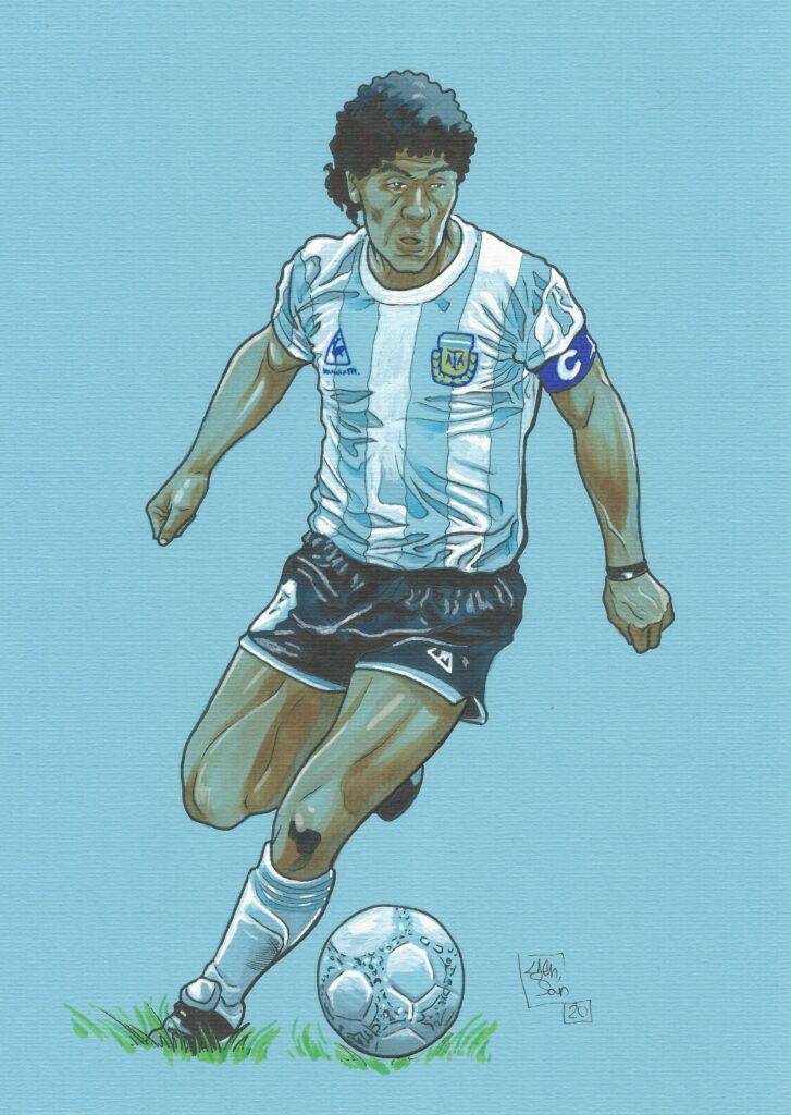 Ilustración de Maradona levantando la Copa del Mundo durante el Mundial de México 1986, realizada por Yen San con tinta y rotuladores.