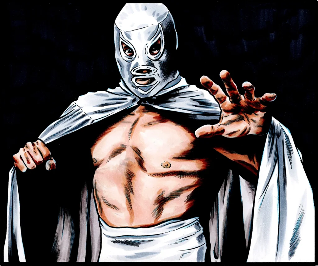 Ilustración tradicional de El Santo, luchador de lucha libre mexicana, realizada por Yen San con rotuladores COPIC sobre papel Bristol.