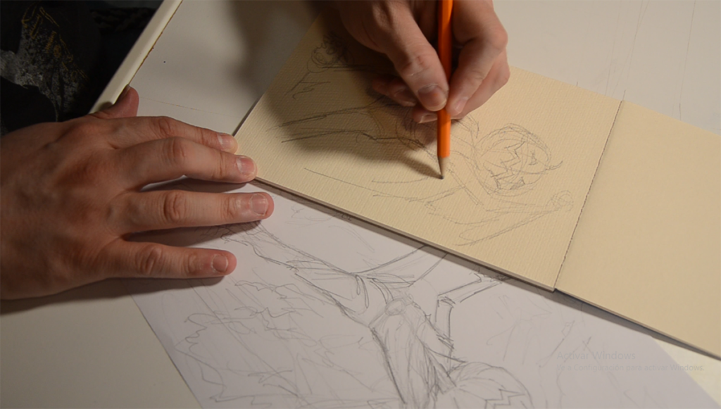 Proceso de pasar a limpio un boceto de Halloween antes de aplicar color con rotuladores