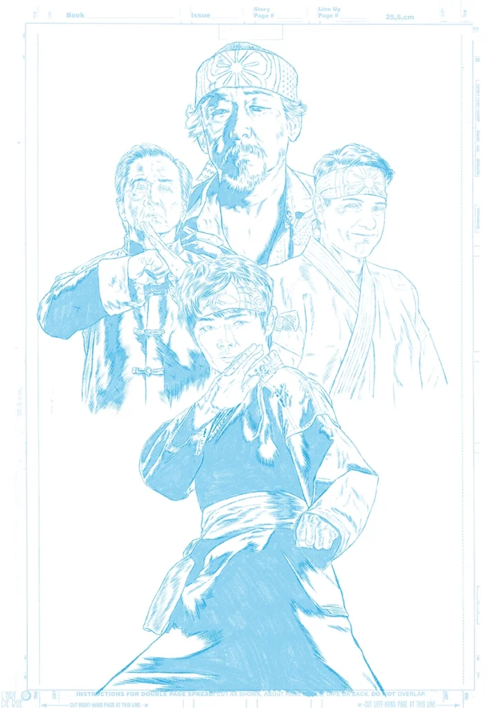 Boceto en lápiz azul de la ilustración Karate Kid Legends por Yen San