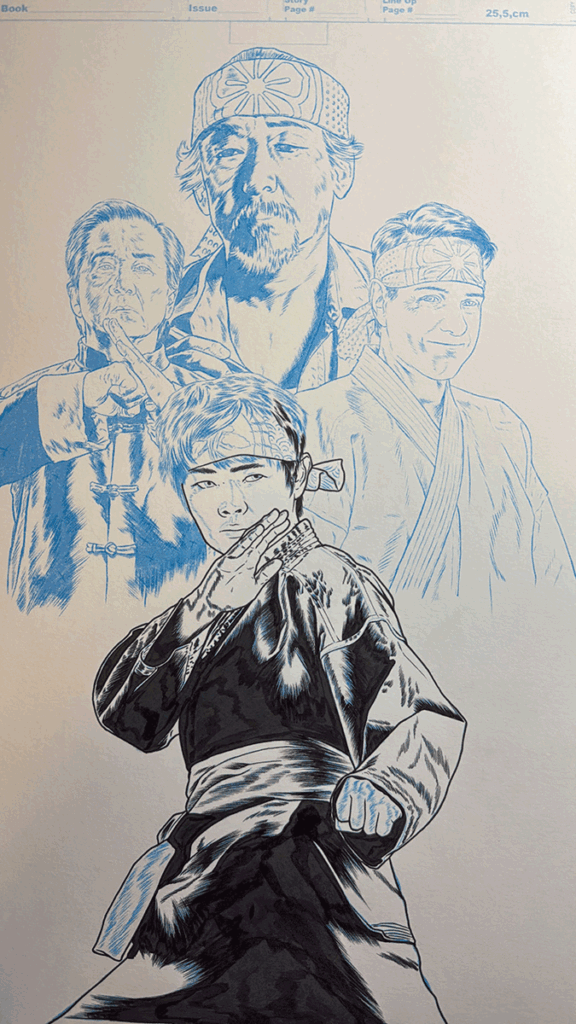 Proceso de entintado de Karate Kid Legends con rotuladores Uni-pin, Pentel y Sakura