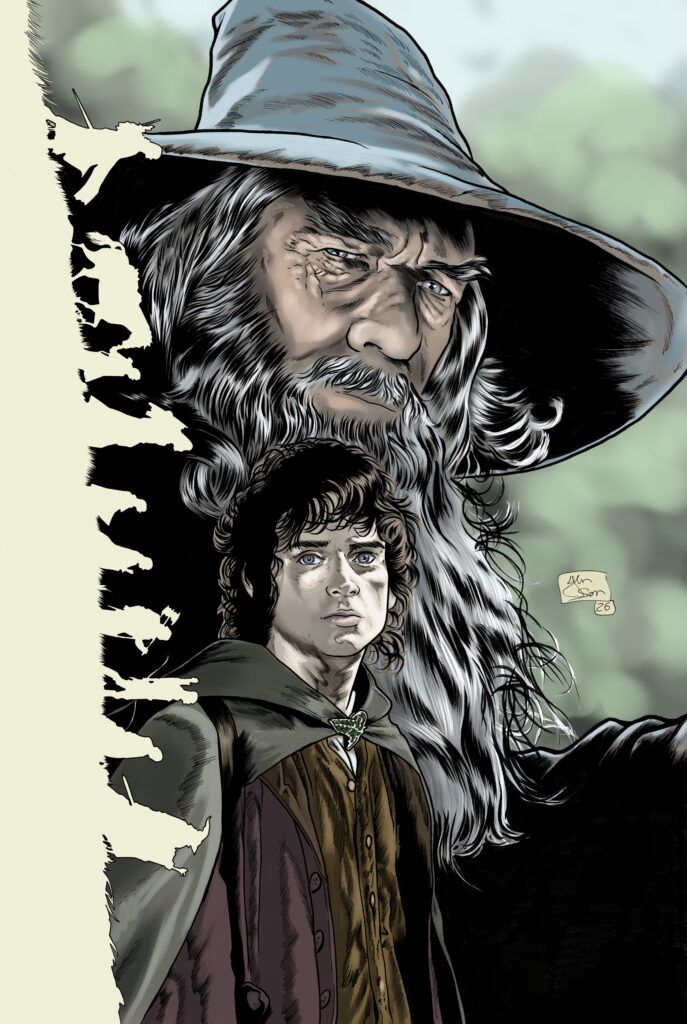 Ilustración final a color estilo carta coleccionable TCG del 25 aniversario de El Señor de los Anillos.